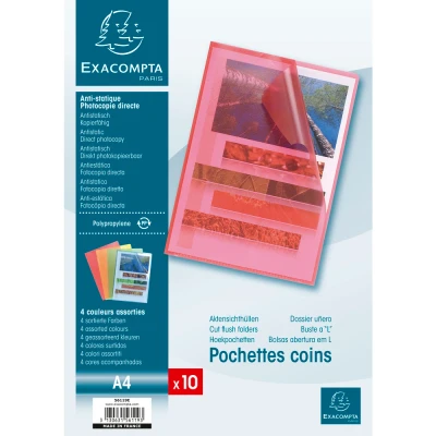 Afbeelding van Exacompta Ref. 56119E Set van 10 insteekvakken In L vorm gekorreld polypropyleen Dikte 12/100e Afmetingen : 22x31cm A4 4 geassorteerde kleuren blauw, geel, rood, groen