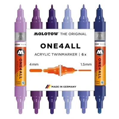 Afbeelding van Molotow One4All Acryl Twin Marker Violet Set (1,5 en 4,0 mm lijndikte, zeer dekkend permanent, sneldrogend, navulbaar, voor bijna alle ondergronden), 6 stuks gesorteerd