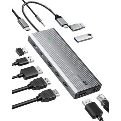 Afbeelding van displaylink Dockingstation Dual Monitor, 2 HDMI 4K60HZ &amp; voor MacBook M1/M2/Dell/HP/Surface/Lenovo, 10 in 1 Gbps USB C hub adapter met ethernet, 3.2, microfoon, audio, 100 W PD