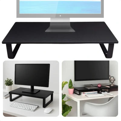 Afbeelding van Cheqo® Monitorstandaard MDF Monitor Standaard Bureau Organizer Verhoger Laptop Laptopverhoger Ergonomische Zwart Metaal Design Inclusief EBOOK