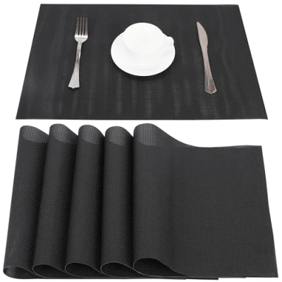 Afbeelding van Belle Vous 6 Pack of Plain Black PVC Placemats Non Slip &amp; Washable Place Mats Easy To Clean, Heat Resistant Waterproof Table for Kitchen, Dining Table, Restaurant and Hotel