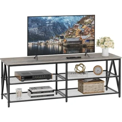 Afbeelding van tv kast, televisietafel, lowboard voor tv&#039;s tot 65 inch, kast met 3 open vakken, plank woonkamer, slaapkamer, 140 x 40 50 cm, industrieel design, stalen frame, grijs