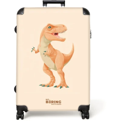 Afbeelding van NoBoringSuitcases.com® Koffer groot Reiskoffer lichtgewicht T rex dino in oranje kleuren Rolkoffer met 4 wielen Grote trolley XL 98 liter bagage