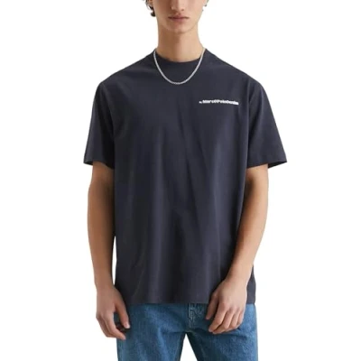 Afbeelding van Marc O&#039;Polo Denim Orange Fibre Capsule Graphic Tshirt print, Heren, Maat: Large, True navy