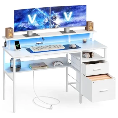 Afbeelding van VASAGLE Gamingbureau met stoffen laden, computertafel displaystandaard, ledlampen, 55 x 135 90 cm, stekkerdoos, 2 USB poorten, voor thuiskantoor, esdoornwit LWD094W01