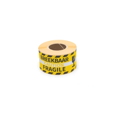 Afbeelding van Gevaaretiket Raadhuis 46x125mm rol 250 stuks Fragile caution EN/NL gee