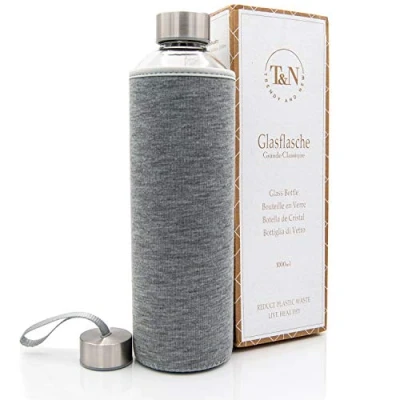 Afbeelding van T&amp;N glazen fles, 1 liter, drinkfles van liter met neopreen hoes, waterfles 1000 ml, lekvrij, dik borosilicaatglas, slank design