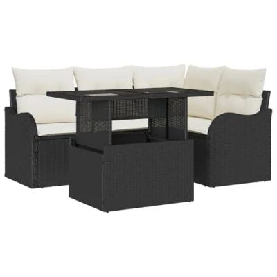 Afbeelding van vidaXL 5 delige Tuin Sofa Set met Kussens Zwart Poly Rattan, 2 zitter Opslag &amp; Rattan