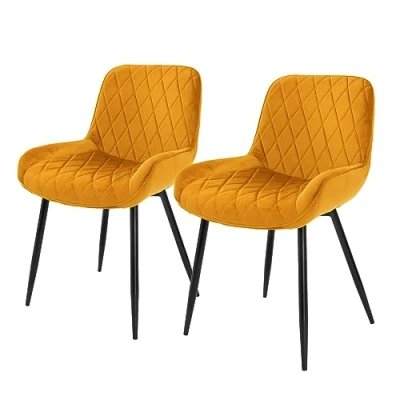 Afbeelding van Eetkamerstoelen met rugleuning &amp; armleuningen set van 2 mosterd fluwelen bekleding diamond quilting metalen poten ML design