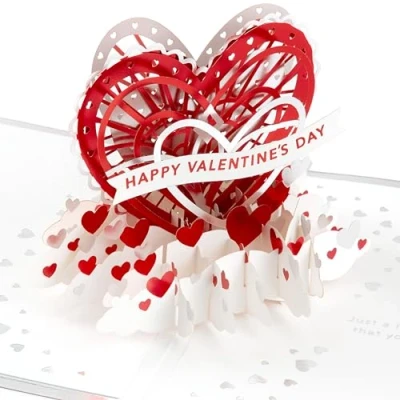 Afbeelding van Hallmark Valentijnskaart, Valentijnsdag kaart, 3D &amp; Pop Up, Hart Archway, Banner, Rood, Wit, Roze