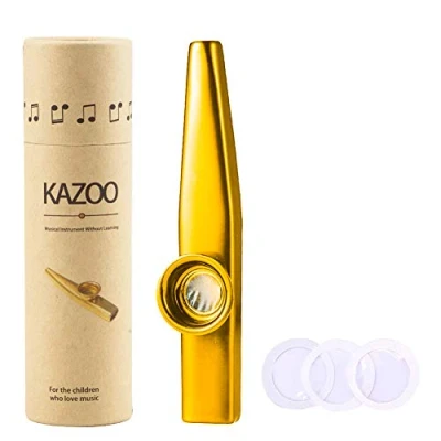 Afbeelding van WANDIC Kazoo gouden aluminiumlegering met 3 membraan fluit mond Kazoos muziekinstrumenten vintage geschenkdoos