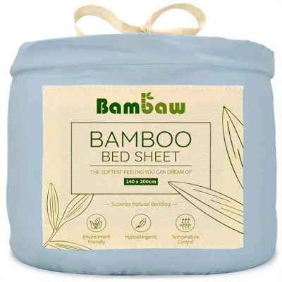 Afbeelding van Bambaw Hoeslaken, lichtblauw, tweepersoons, bamboe, zacht, diep, hypoallergeen, comfortabel, 140 x 200 cm