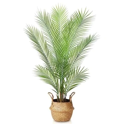 Afbeelding van Kazeila Grote kunstplanten in pot 110 cm kunstmatige palmboom met geweven zeegras buikmand nepplanten binnenshuis Areca voor thuis woonkamer decor (1 stuks)