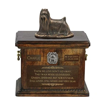 Afbeelding van Persoonlijke urn hond voor Yorkshire Terrier met beeldje hondenas.