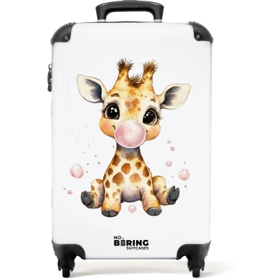Afbeelding van NoBoringSuitcases.com® Kinderkoffer meisje Kindertrolley meisjes Giraffe met roze kauwgombal Handbagage koffer lichtgewicht Reiskoffer trolley kinderen Rolkoffer wieltjes Past binnen 55x40x20 en 55x35x25