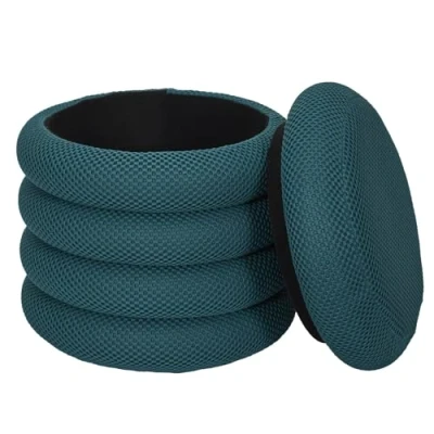 Afbeelding van Home Deco Factory Poef/krukje Freya stof petrol blauw met opbergruimte D37 x H44 cm bijzet stoeltjes