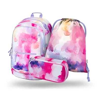 Afbeelding van Baagl schoolrugzak set meisjes 3 delig, schooltas vanaf de 3e klas, basisschool rugzak met borstband, ergonomische schooltas, Skate Pink Stripes,