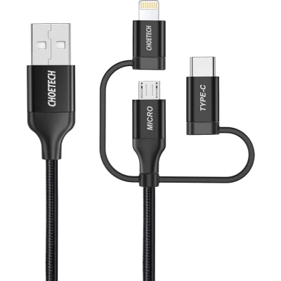 Afbeelding van Choetech 3 in 1 laad en datakabel USB C, Micro Lightning connectoren MFI Gecertificeerd 1.2M Zwart