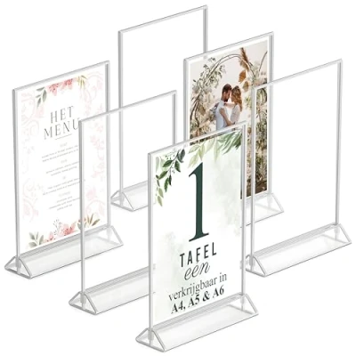Afbeelding van Dasher Products zilveren fotolijsten, dubbelzijdig A5 6 stuks acryl tafelnummerhouders, transparante ezeltafelstandaards voor borden, menuhouder, fotolijst