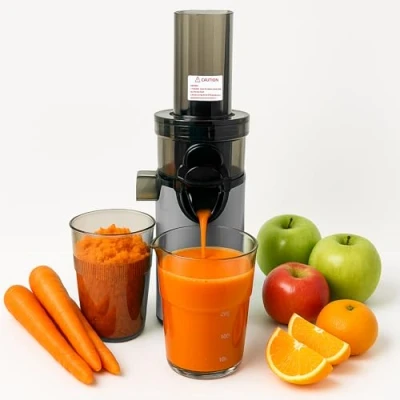 Afbeelding van JuiceInstant Compacte sapcentrifuge voor groenten en fruit, koudgeperst, elektrisch, BPA vrij, met zeef, lekvrij, langzame sapcentrifuge, vitamineconserveert (grijs)