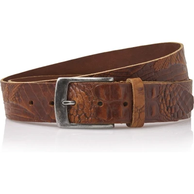 Afbeelding van Timbelt 4cm leren jeans riem met kroko print cognac 100% leder Maat 85 Totale lengte 100 cm