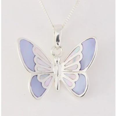 Afbeelding van Zilveren vlinder hanger met blauwe en witte parelmoer aan ketting