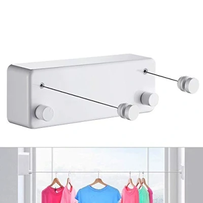 Afbeelding van JOOM Intrekbare waslijn voor binnen en buiten, zware roestvrijstalen lijn, wandmontage, badkamer, hotelstijl, 2 x 4,2 m (13,8) voet (twee lijnen, wit)