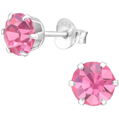 Afbeelding van JoyS Zilveren oorknoppen rond 6 mm magenta roze kristal oorbellen