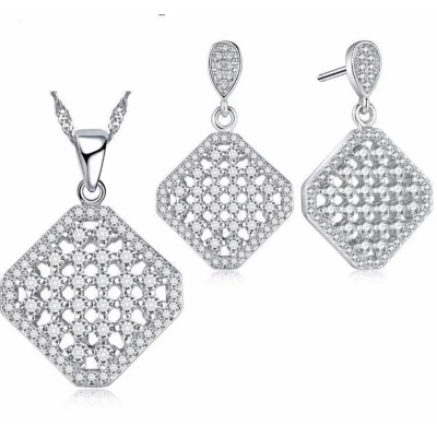 Afbeelding van N3 Collecties Vierkant hol patroon met volledig Cz helder kristal 925 sterling zilveren sieradenset dames