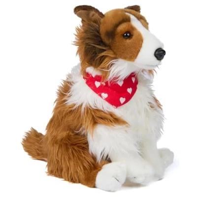 Afbeelding van Uni Toys Langhaarcollie met halsdoek (hartjemotief) 27 cm (hoogte) pluche hond, collie dier, knuffeldier