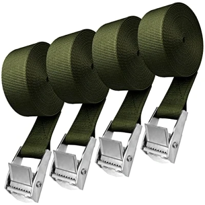 Afbeelding van Spanriemen 4 stuks, 2,5 m spanbanden met klemsluiting, sjorbanden, belastbaar tot 250 kg, verstelbare bevestigingsriem voor fiets, motorfiets, bagagepakket, camping (groen)