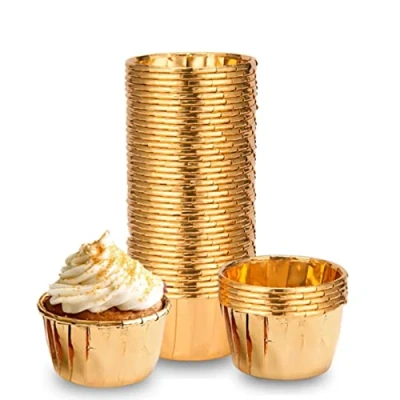 Afbeelding van 100 stuks cupcake hoesjes, cake muffin voeringen, vetvrije folie bakbekers papier wrappers, metallic papieren bekers huishoudelijke oven verjaardag bruiloft muffins gebak mallen (goud)