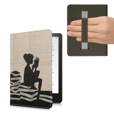 Afbeelding van kwmobile E reader hoesje geschikt voor Amazon Kindle Paperwhite 11. Generation 2021 hoes flip case met magneetsluiting Ereader cover Meisje boeken design in zwart / beige