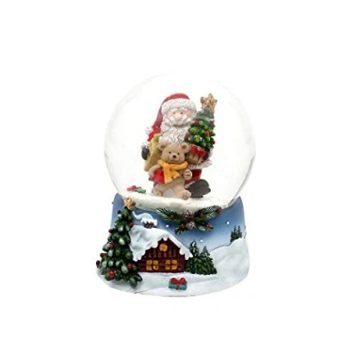Afbeelding van Dekohelden24 Sneeuwbol Kerstman met teddy op blauwe sokkel kerstwinterlandschap, afmetingen H/B/Ø bal: ca. 9 x 7 cm Ø 6,5 cm.