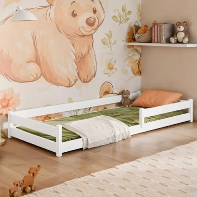 Afbeelding van Kids Collective Montessori kinderbed, vloerbed, 90 x 190 cm, met valbeveiliging en lattenbodem, tienerbed, eenpersoonsbed, optioneel matras, wit