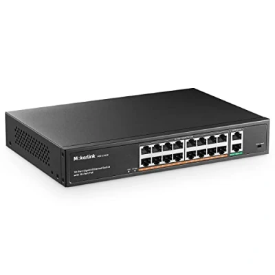 Afbeelding van MokerLink 16 Gigabit PoE switch, 2 uplink, 250 W IEEE802.3af/at, onbeheerde plug and play Ethernet switch voor rackmontage