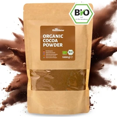 Afbeelding van RheinNatur biologische cacaopoeder 1 kg 100% pure cacao in kwaliteit, ongezoet en zonder additieven ideaal voor het bakken, warme chocolade smoothies 1000 g zakje