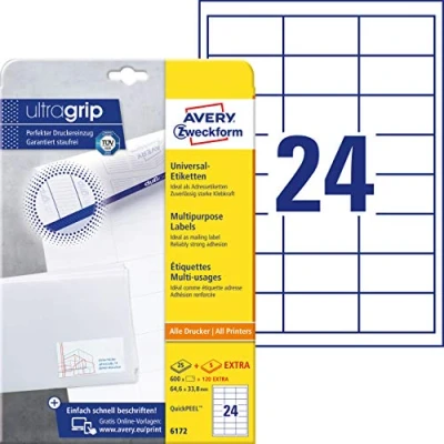 Afbeelding van AVERY Zweckform 6172 adreslabels (600 plus 120 zelfklevende etiketten extra, 64,6 x 33,8 mm op A4, mat papier, bedrukbare afzenderetiketten, met ultragrip) 30 vellen, wit