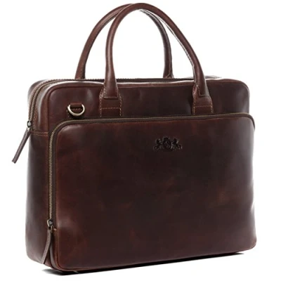 Afbeelding van SID &amp; VAIN RYAN Laptoptas van premium leer, zakelijke tas, XL, groot voor heren en dames, 15,4 inch laptopvak, schoudertas, aktetas, handgemaakt, bruin cognac, X Large