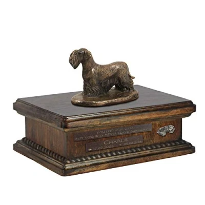 Afbeelding van Persoonlijke urn hond voor Cesky Terrier met beeldje en houten design