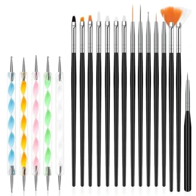Afbeelding van URAQT Nail Art Brushes Set, 15 stuks acryl nagelborstel schilderpen en 5 nagel stippelgereedschap, nagelpen ontwerper nagelkunst schilderset voor doe het zelf professioneel gebruik, zwart