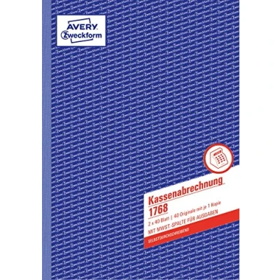 Afbeelding van AVERY Zweckform 1768 kassabonnement (A4, met btw kolom, getest door rechtsexperten, invulhulp, voor Duitsland en Oostenrijk het registreren van invoer uitgaven, 2x40 vellen) wit/geel