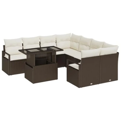 Afbeelding van vidaXL 9 delige Tuin Sofa Set met Kussens Bruin Poly Rattan, 2 zits Opslag en Rattan
