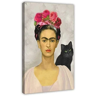 Afbeelding van Frida Kahlo en Zwarte Kat Canvas Poster Wall Art Decor Print Foto Mooie Vrouw Schilderij voor Woonkamer Slaapkamer Decoratie, frameloze,50X75cm