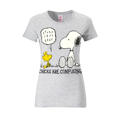 Afbeelding van Logoshirt Vrouwen T Shirt Snoopy Peanuts Chicks Are Confusing met ronde hals van grijs gespikkeld