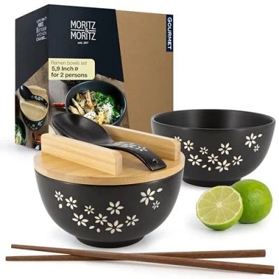 Afbeelding van Moritz &amp; 2 x Ramen kom keramiek 600 ml 15 cm Ø Zwarte bowl Set Voor personen soep, fo en sushi incl. stokjes, deksel lepel