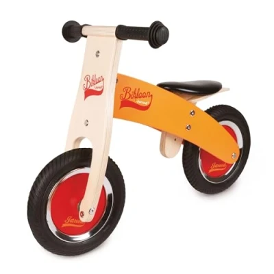 Afbeelding van Janod Little Bikloon Mijn Eerste Houten Loopfiets Oranje/Rood Met Verstelbaar Zadel En Opblaasbare Banden Geschikt Vanaf 2 Jaar
