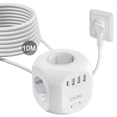 Afbeelding van LENCENT 10 Meter Stekkerdoos Cube met Platte Stekker, 4 voudig 8 in 1 Power Strip 3 USB A + Type C Meervoudige Verdeelstekker, Stekkeradapter Schakelaar Kable, C/E/F, Wit