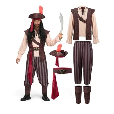 Afbeelding van Spooktacular Creations Caribisch piratenkostuum voor heren, volwassenen, zeekapitein, roverkostuum Halloween, verkleedfeest, cosplay feest