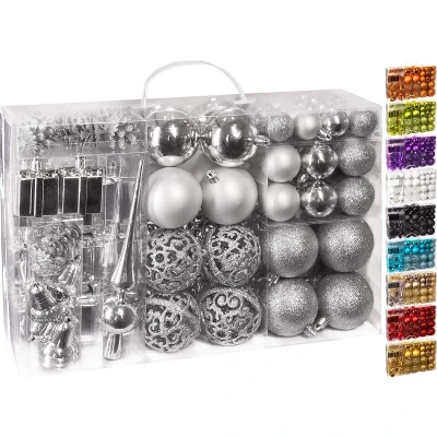 Afbeelding van BRUBAKER Kerstballen Set met Dennenappels, Kerstklokken, Geschenken, Kerstboompiek Kerstboomversiering 101 delen Zilver